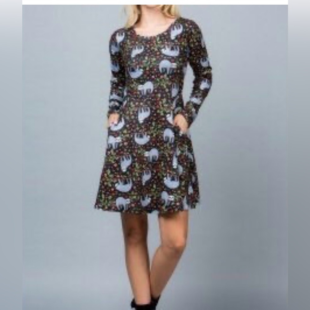 LA Soul Sloth Dress Sz M Knit Stretch Pockets Long Sleeve Skater Novelty Black
